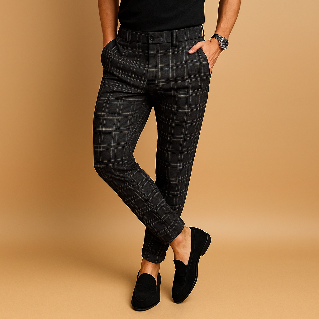 Men’s casual checkered pants with relaxed fit and subtle checkered design, versatile for work, casual wear, or daily use.