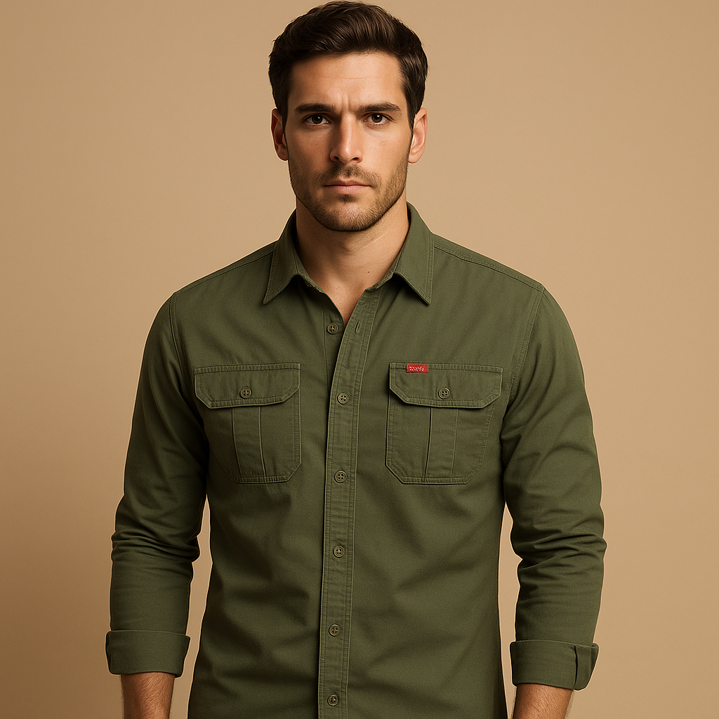 Men’s casual cotton cargo shirt with relaxed fit and chest pockets, available in Red, Army Green, Black, Khaki, Navy Blue, Dark Grey, and Off-White. Perfect for outdoor and casual wear.