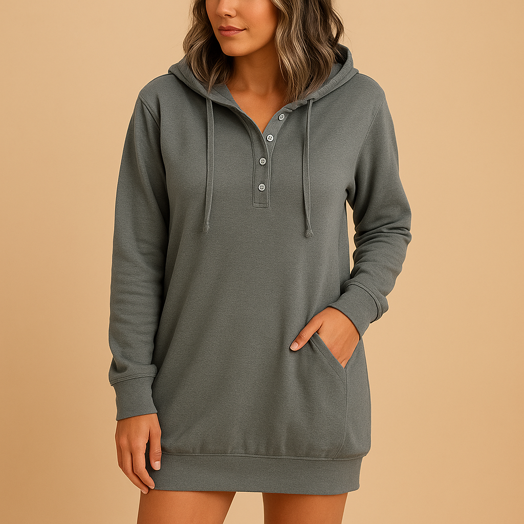 Women’s casual hoodie dress with loose fit, breathable fabric, and minimalist solid-color design. Perfect for streetwear, travel, and daily outfits.