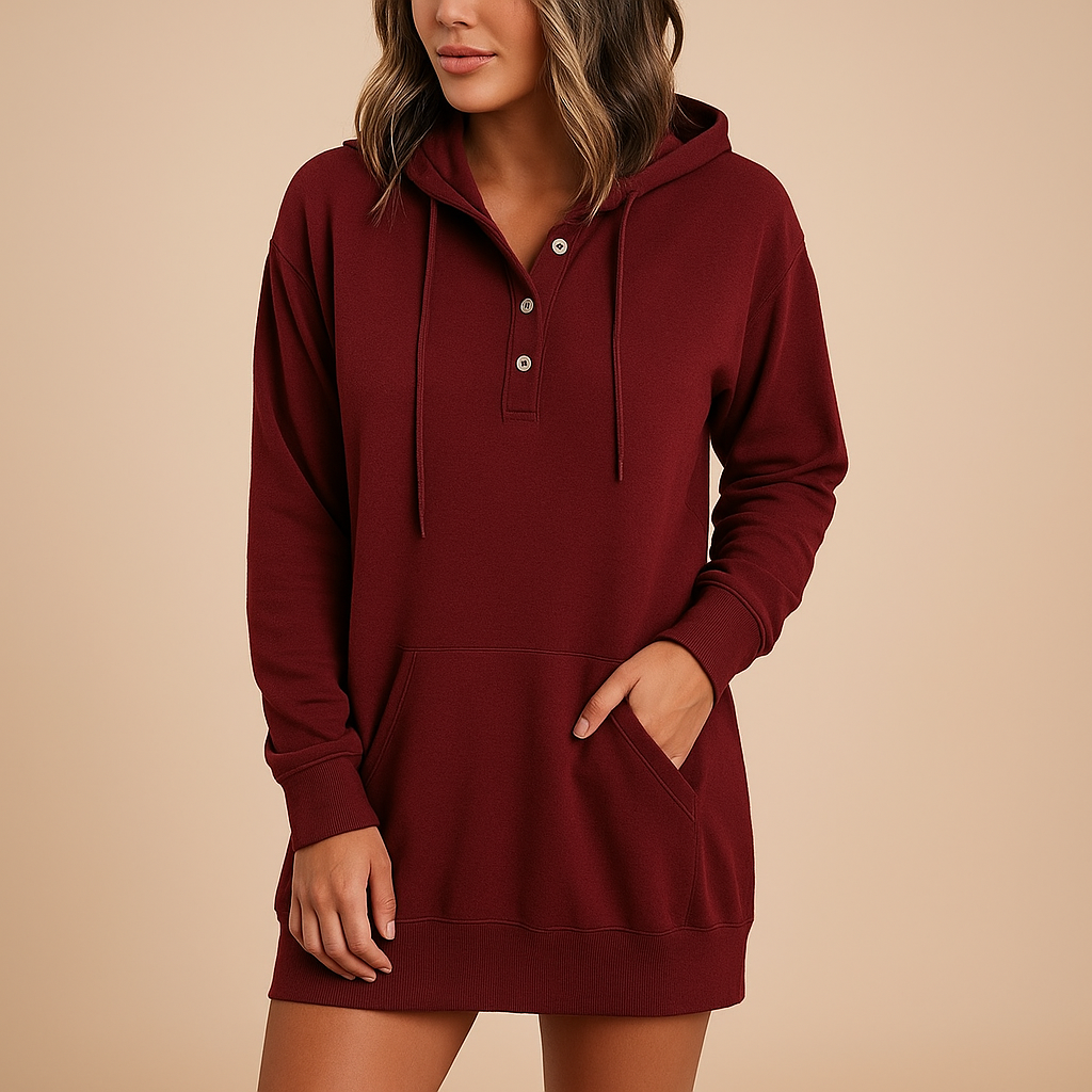 Women’s casual hoodie dress with loose fit, breathable fabric, and minimalist solid-color design. Perfect for streetwear, travel, and daily outfits.