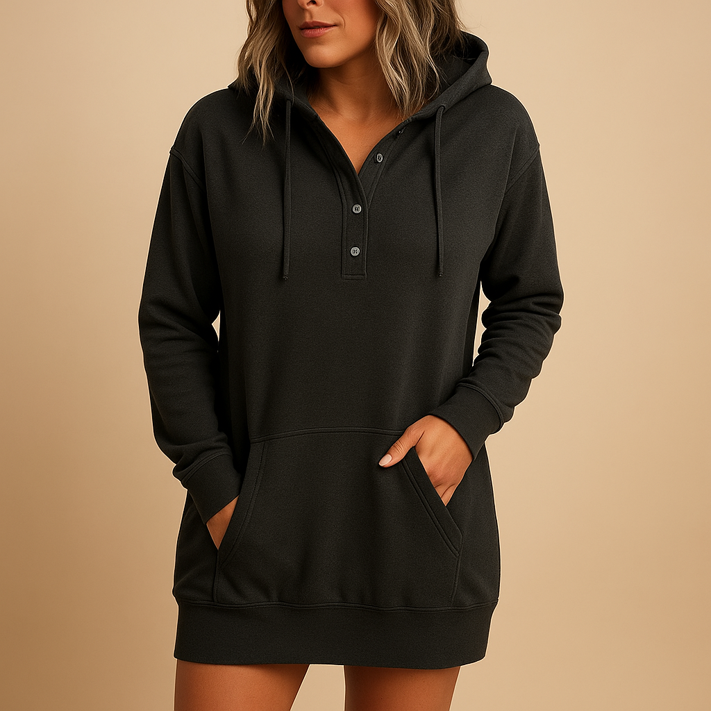 Women’s casual hoodie dress with loose fit, breathable fabric, and minimalist solid-color design. Perfect for streetwear, travel, and daily outfits.