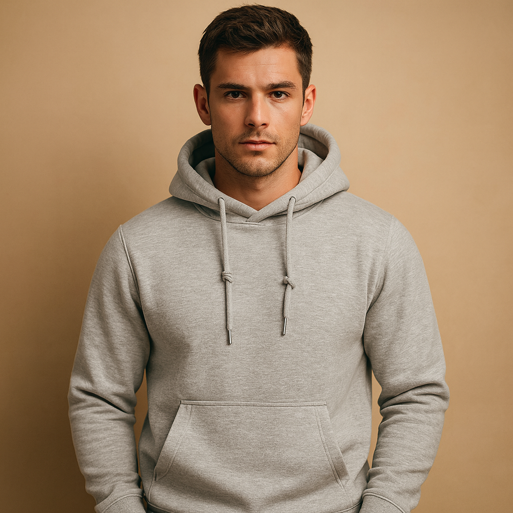 Men’s casual hoodie with kangaroo pocket and adjustable hood, ideal for everyday comfort and versatile casual style.