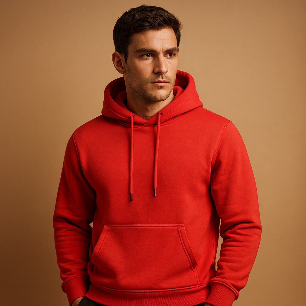 Men’s casual hoodie with kangaroo pocket and adjustable hood, ideal for everyday comfort and versatile casual style.