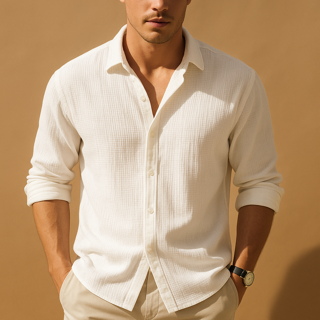 Men’s casual long sleeve shirt with stand collar and button closure, in a minimalist solid design. Perfect for daily wear and semi-formal occasions.