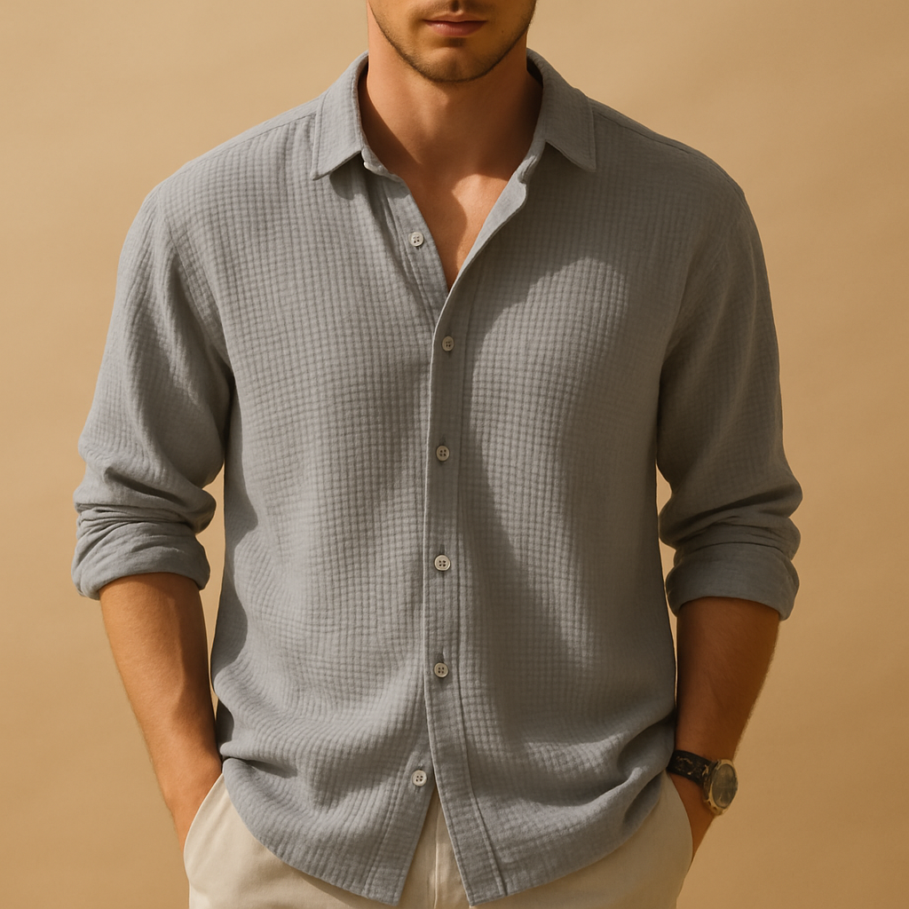 Men’s casual long sleeve shirt with stand collar and button closure, in a minimalist solid design. Perfect for daily wear and semi-formal occasions.