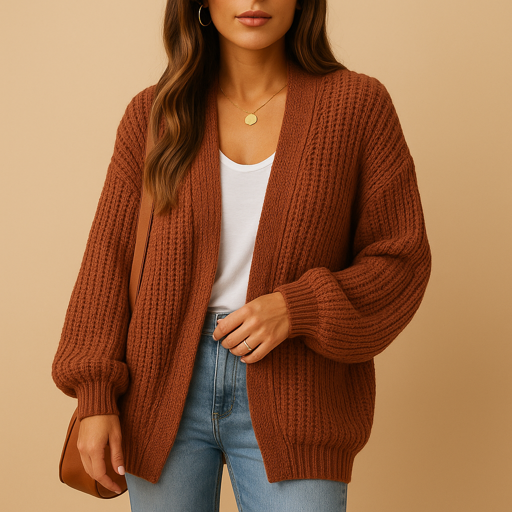 Casual knitted cardigan for women with relaxed fit, breathable fabric, and open front design, available in Black, Coffee, Grey, Pink, and White.