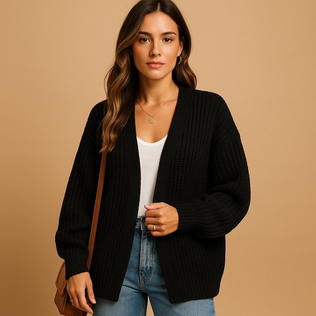 Casual knitted cardigan for women with relaxed fit, breathable fabric, and open front design, available in Black, Coffee, Grey, Pink, and White.