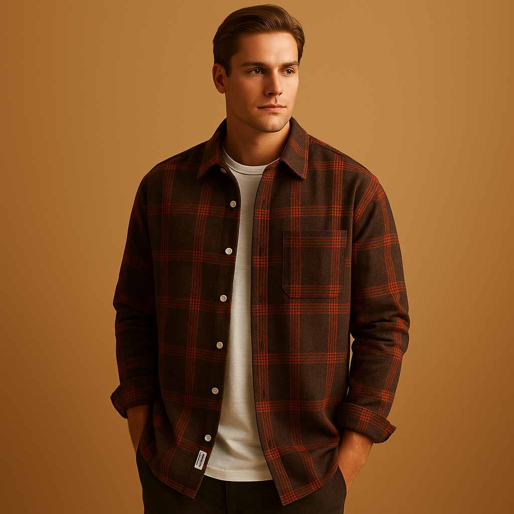 Men’s casual plaid shirt with a turned-down collar and button closure, offering a comfortable fit and classic design for everyday wear.