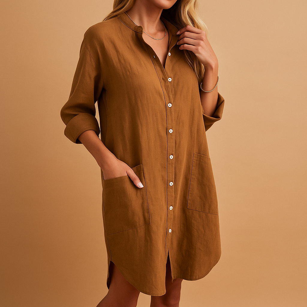 Women’s casual shirt dress with modern details and practical pockets, perfect for work, everyday wear, or a stylish evening look.