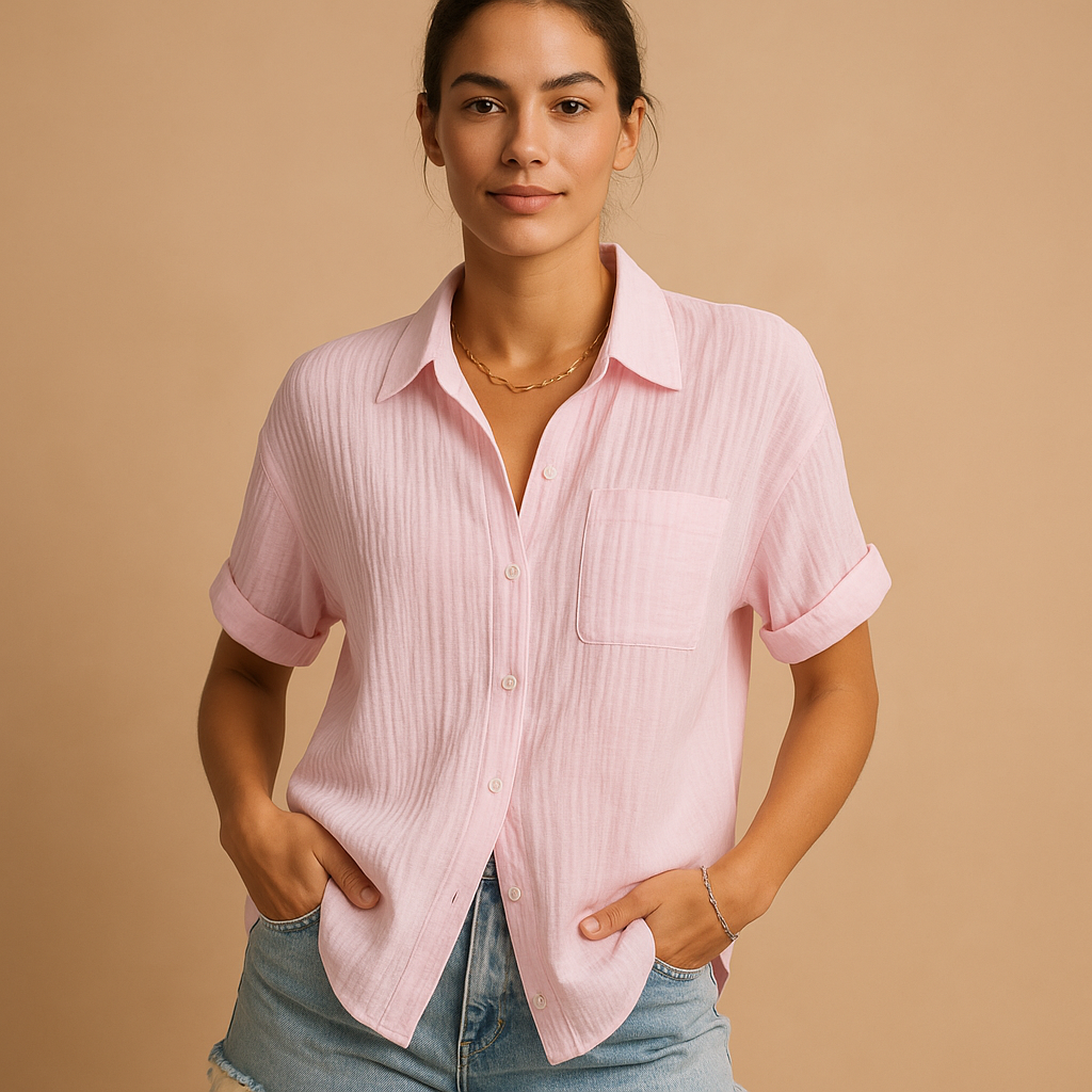 Women’s casual short-sleeve polo shirt with a classic collar and chest pocket, perfect for summer days, relaxed wear, and everyday comfort.
