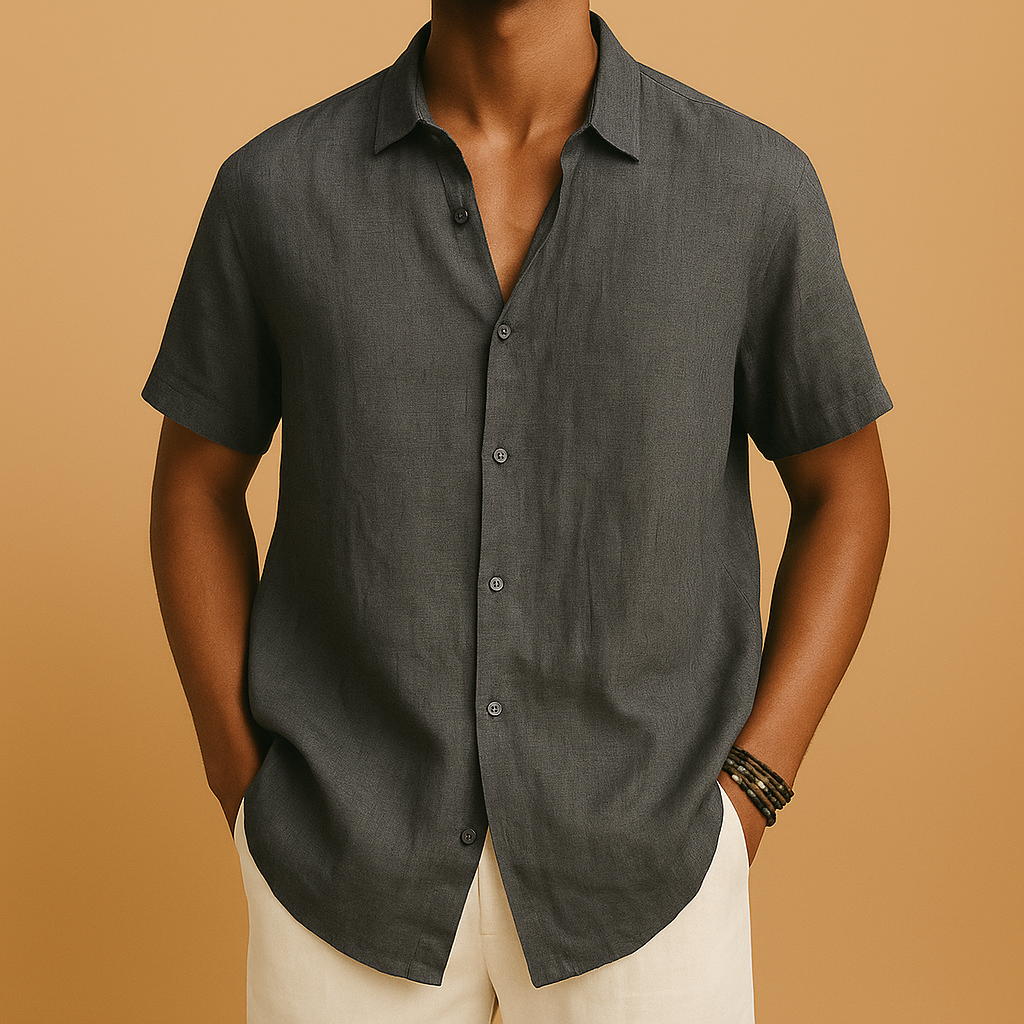 Men’s casual short sleeve summer shirt with classic collar, button details, and solid color design. Perfect for holidays, beach walks, or relaxed city days.
