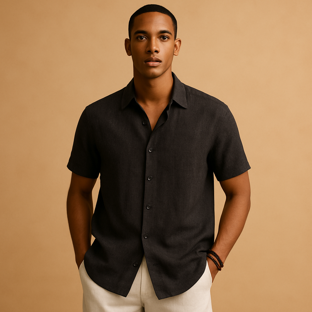 Men’s casual short sleeve summer shirt with classic collar, button details, and solid color design. Perfect for holidays, beach walks, or relaxed city days.