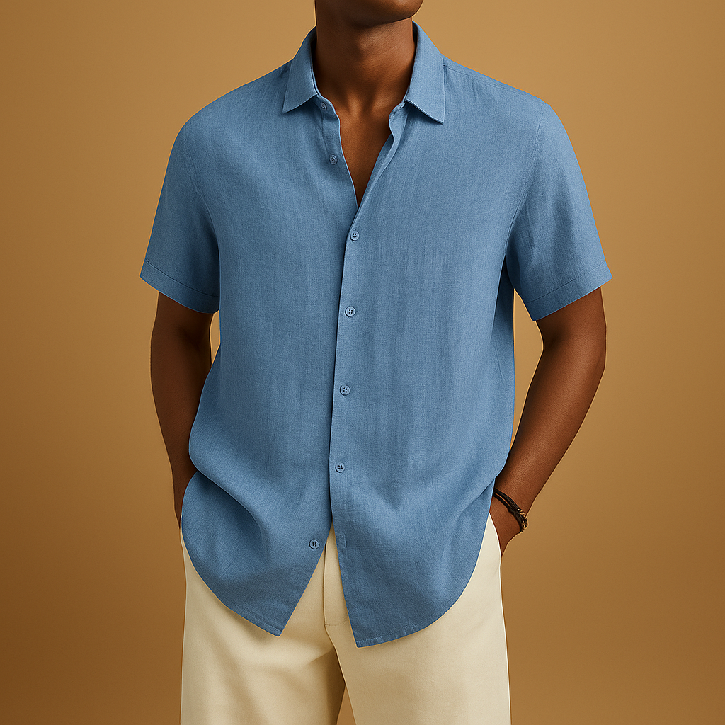 Men’s casual short sleeve summer shirt with classic collar, button details, and solid color design. Perfect for holidays, beach walks, or relaxed city days.