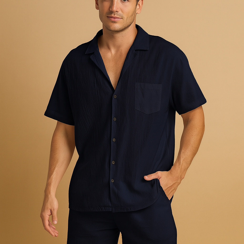Men’s casual summer set with V-neck shirt, lapel collar, and elastic shorts. Relaxed fit, breathable fabric, available in Black, Grey, and Green.