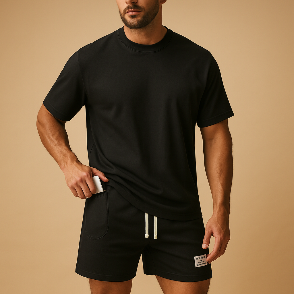 Casual men’s summer set with minimalist T-shirt and matching shorts, relaxed fit, available in Neutral, Beige, Blue, Black, Khaki, and Red.