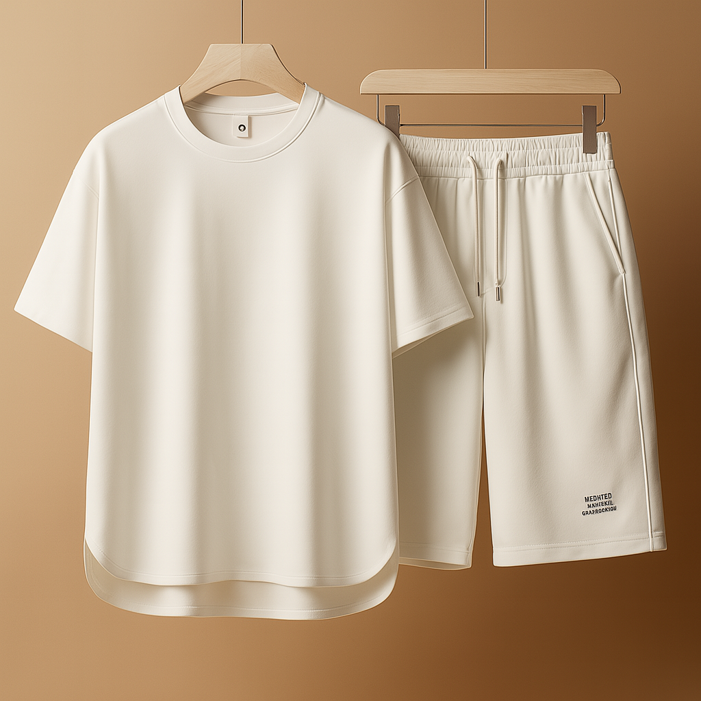 Casual men’s summer set with minimalist T-shirt and matching shorts, relaxed fit, available in Neutral, Beige, Blue, Black, Khaki, and Red.