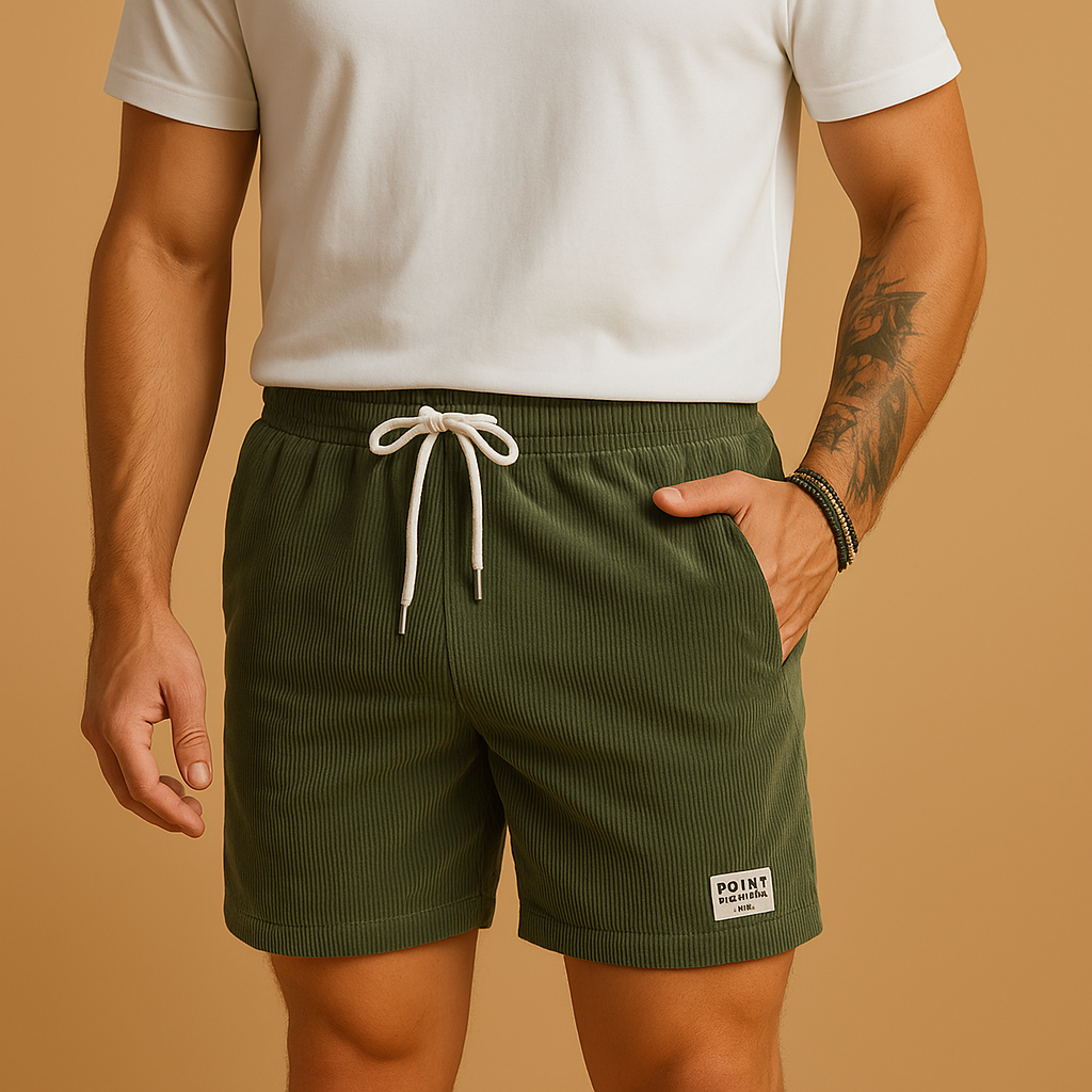 Men’s casual summer shorts with elastic waist and drawstring, available in sand, light grey, olive green, and dark blue. Lightweight and breathable.