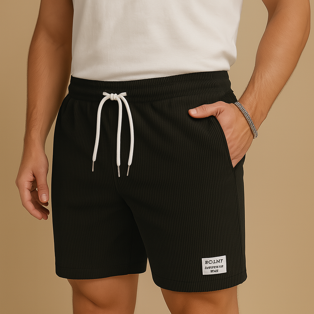 Men’s casual summer shorts with elastic waist and drawstring, available in sand, light grey, olive green, and dark blue. Lightweight and breathable.
