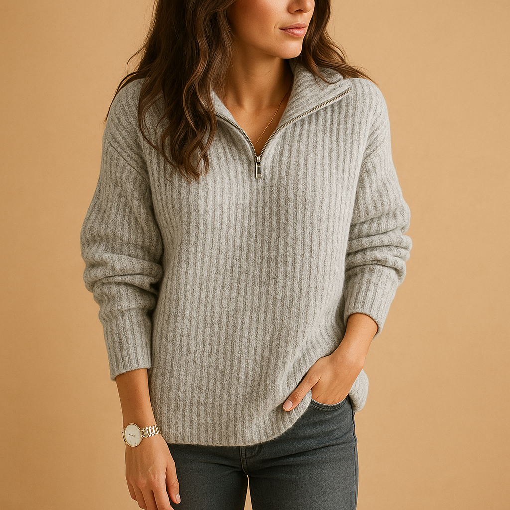 Chic half zip sweater for women with slightly tailored fit and breathable fabric, available in Khaki, Dark Grey, Grey, Blue, and Black.