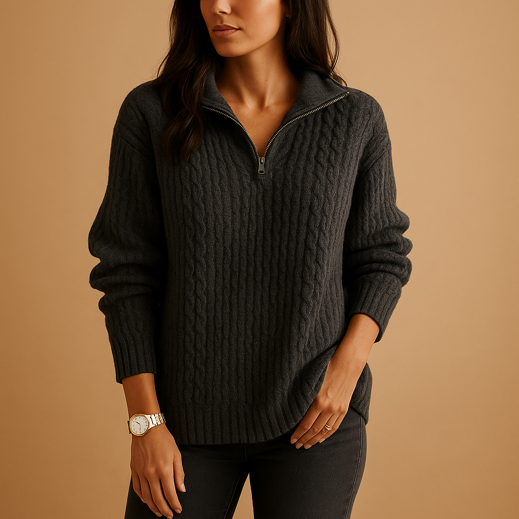 Chic half zip sweater for women with slightly tailored fit and breathable fabric, available in Khaki, Dark Grey, Grey, Blue, and Black.