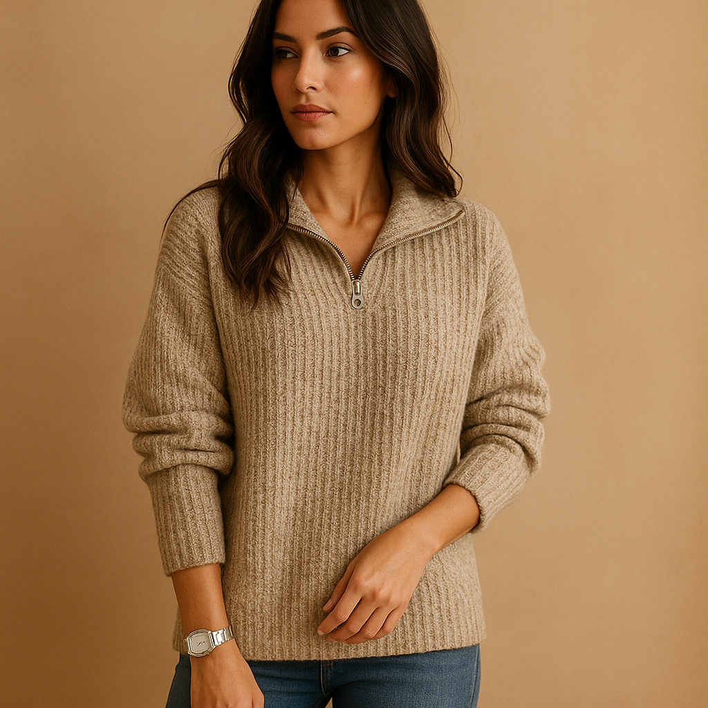Chic half zip sweater for women with slightly tailored fit and breathable fabric, available in Khaki, Dark Grey, Grey, Blue, and Black.