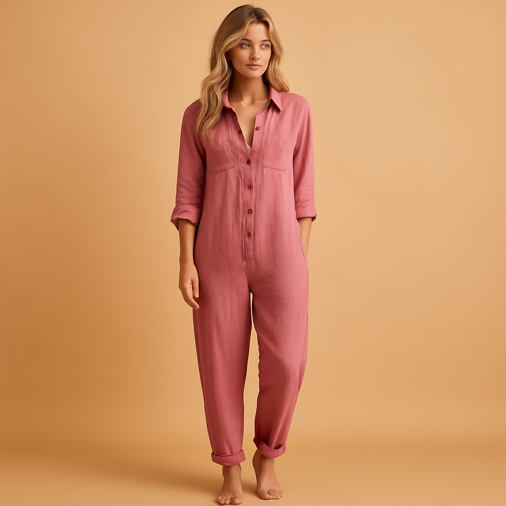 Women’s chic polo-style jumpsuit with tailored fit in pink, green, and blue, ideal for work, social events, and elegant daily wear.