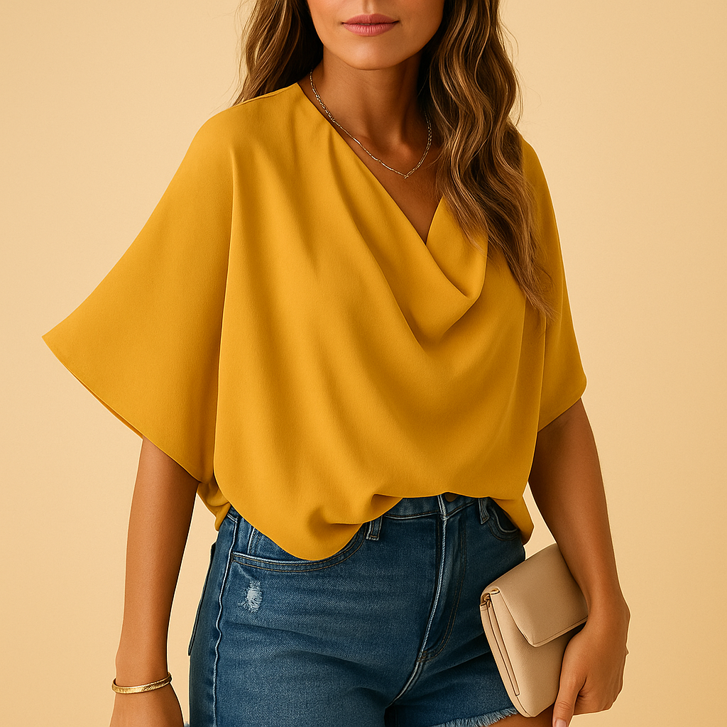 Women’s chiffon blouse with bat sleeves and a V-neckline, featuring a flowy, relaxed fit ideal for work, daily wear, or elegant casual looks.