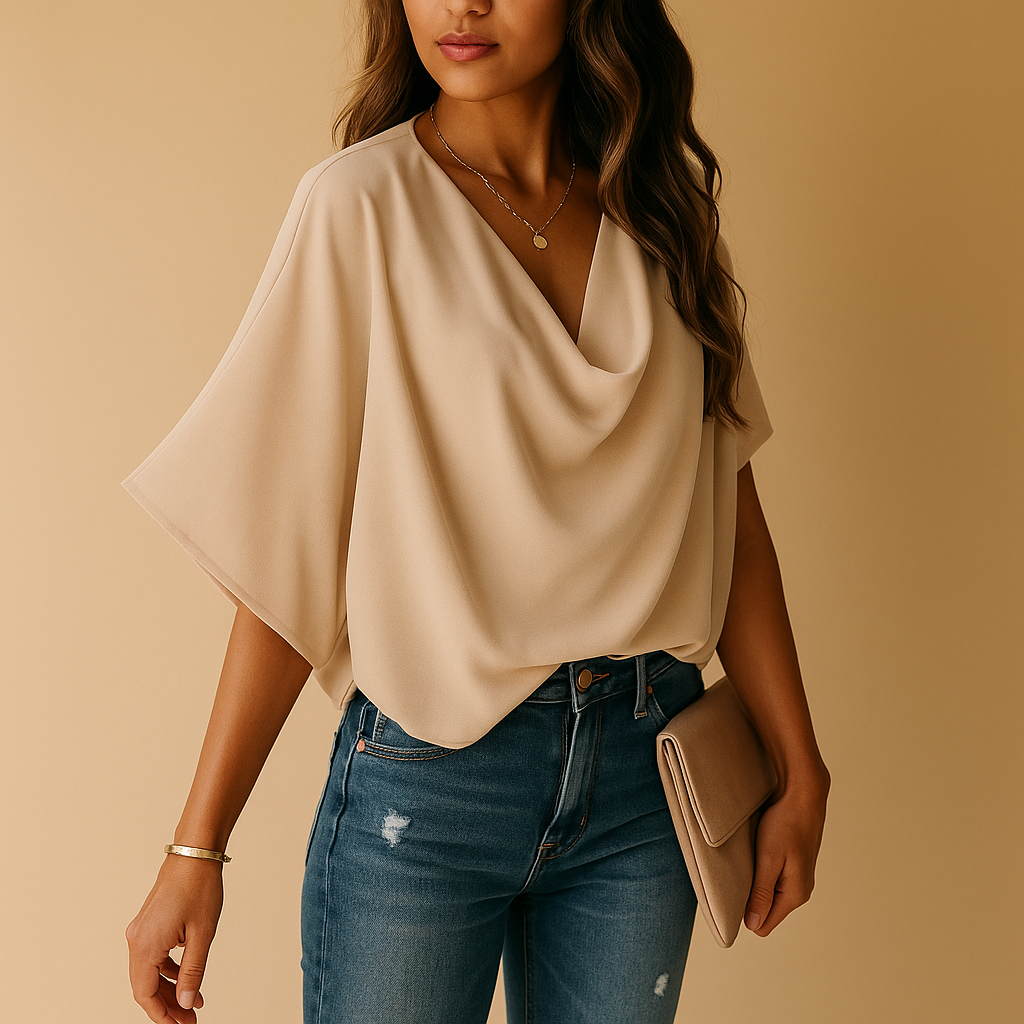 Women’s chiffon blouse with bat sleeves and a V-neckline, featuring a flowy, relaxed fit ideal for work, daily wear, or elegant casual looks.