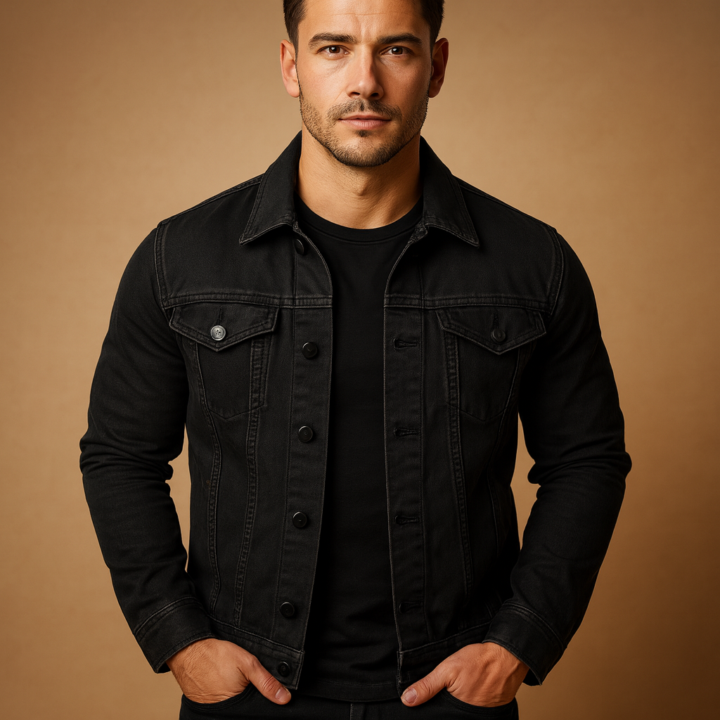 Men’s classic denim jacket with chest and side pockets, perfect for casual spring and summer outfits.