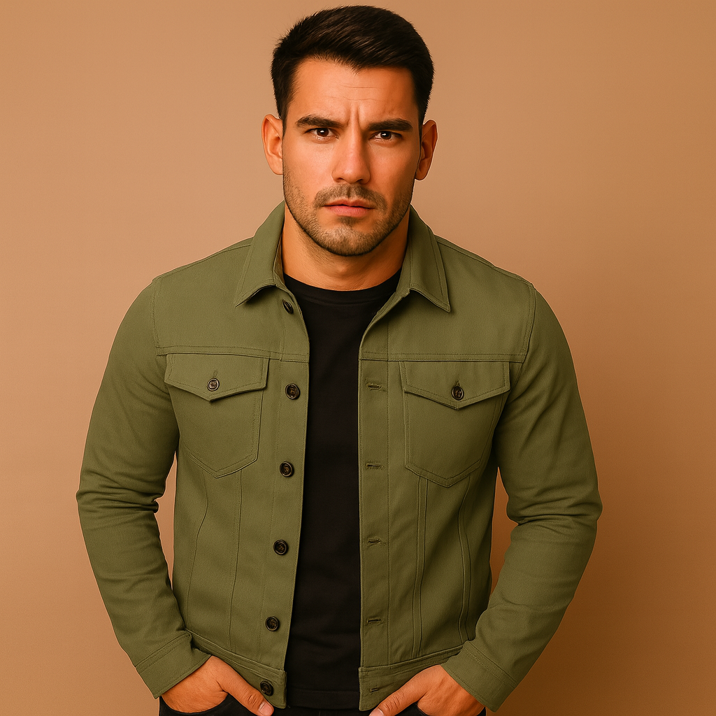 Men’s classic denim jacket with chest and side pockets, perfect for casual spring and summer outfits.