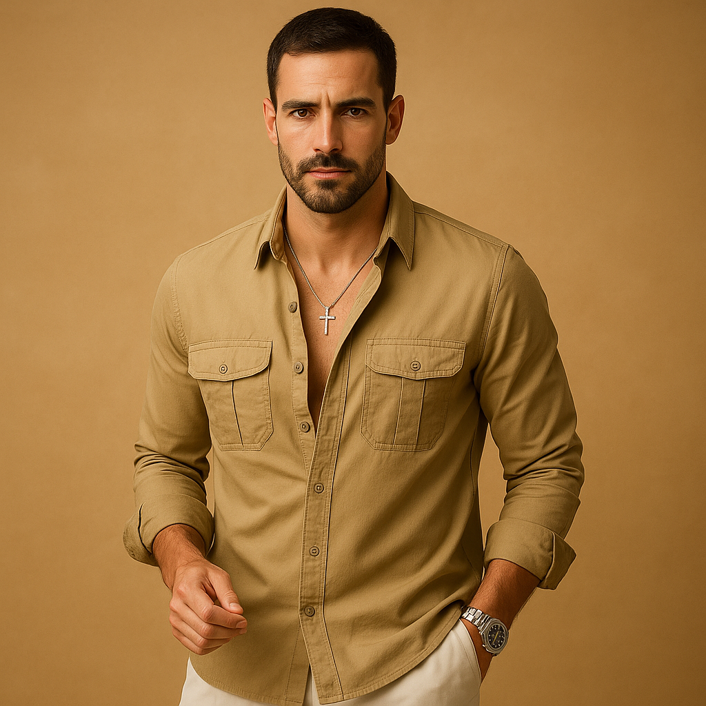 Men’s classic dress shirt with notched collar, chest pocket, and comfortable fit, ideal for both formal and casual occasions in versatile colors.