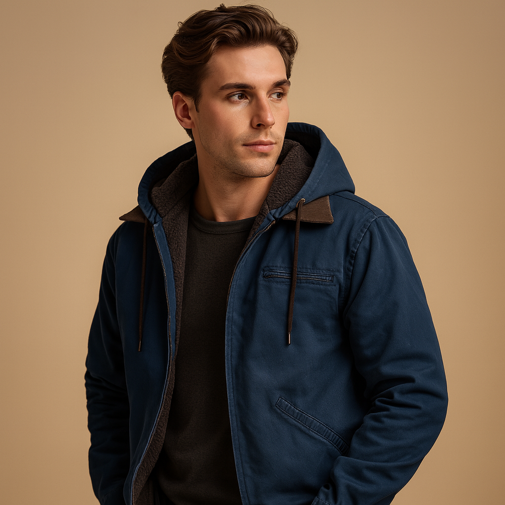 Men’s classic hooded winter jacket with soft lining, perfect for everyday wear and outdoor activities in cold weather.
