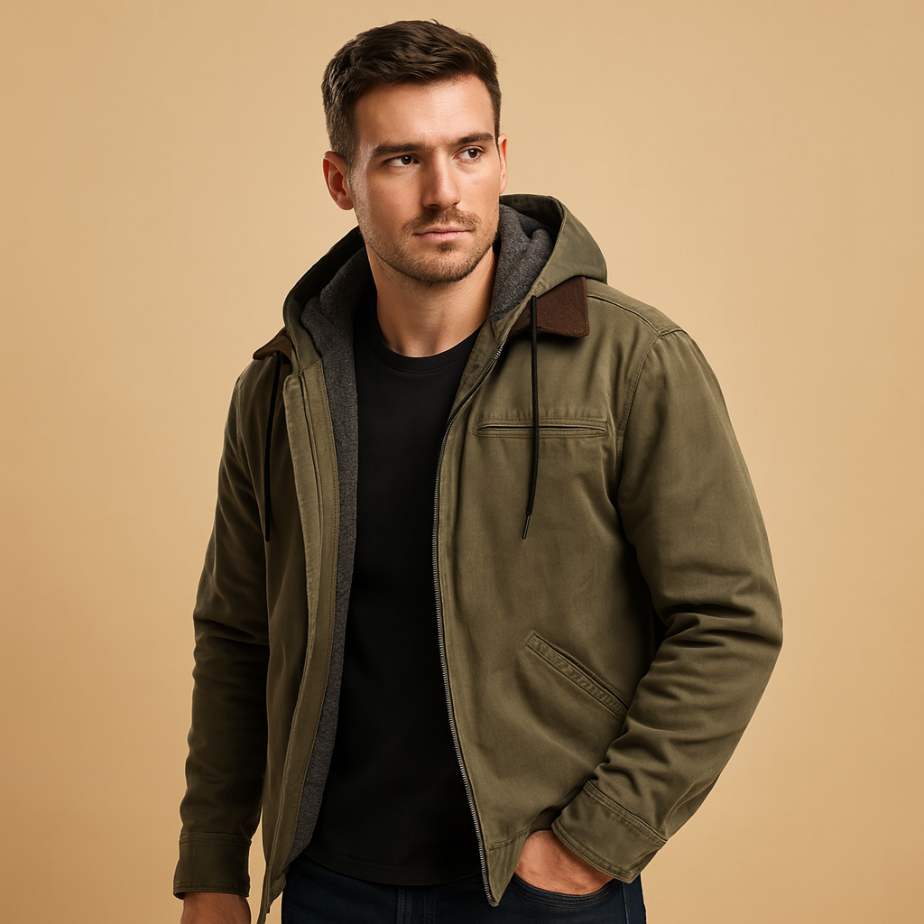Men’s classic hooded winter jacket with soft lining, perfect for everyday wear and outdoor activities in cold weather.