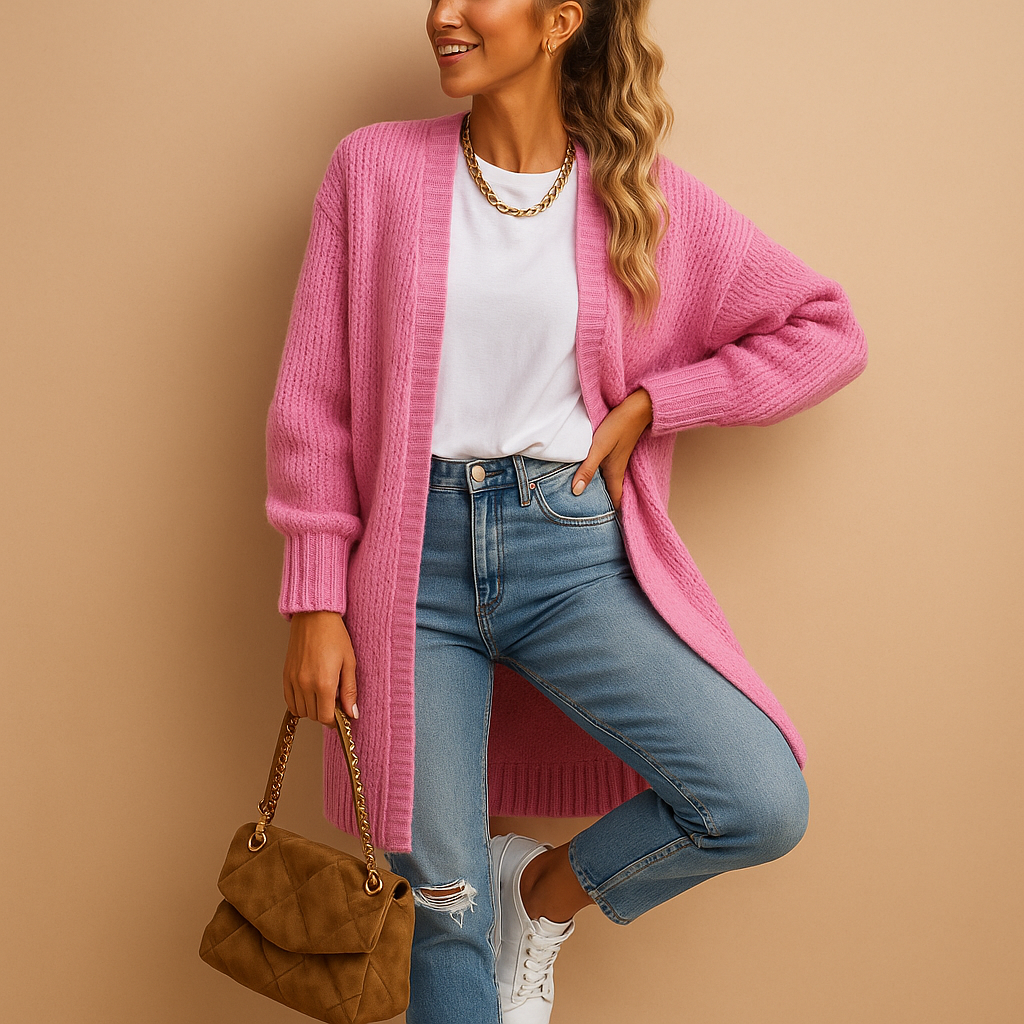 Classic knit cardigan for women with relaxed fit, open front, and soft breathable fabric. Perfect for layering in casual, office, or winter outfits.