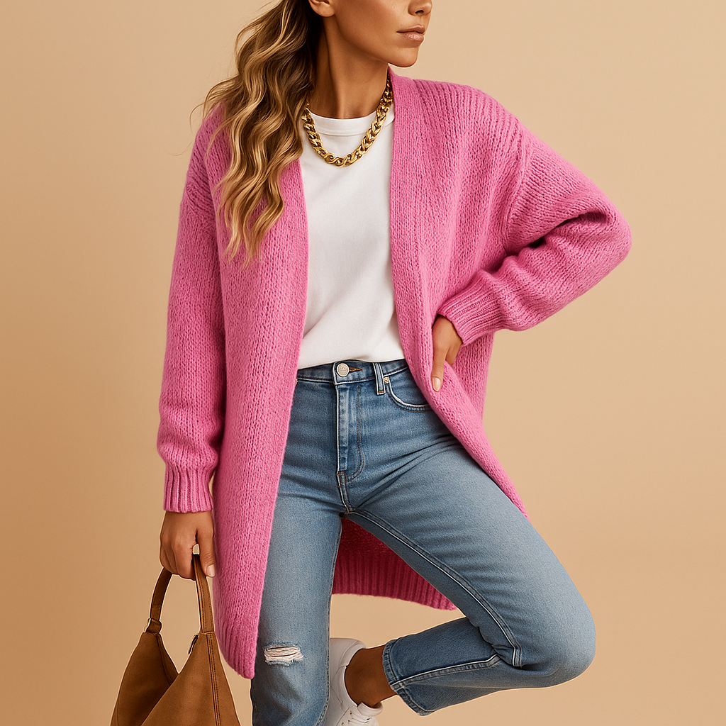 Classic knit cardigan for women with relaxed fit, open front, and soft breathable fabric. Perfect for layering in casual, office, or winter outfits.