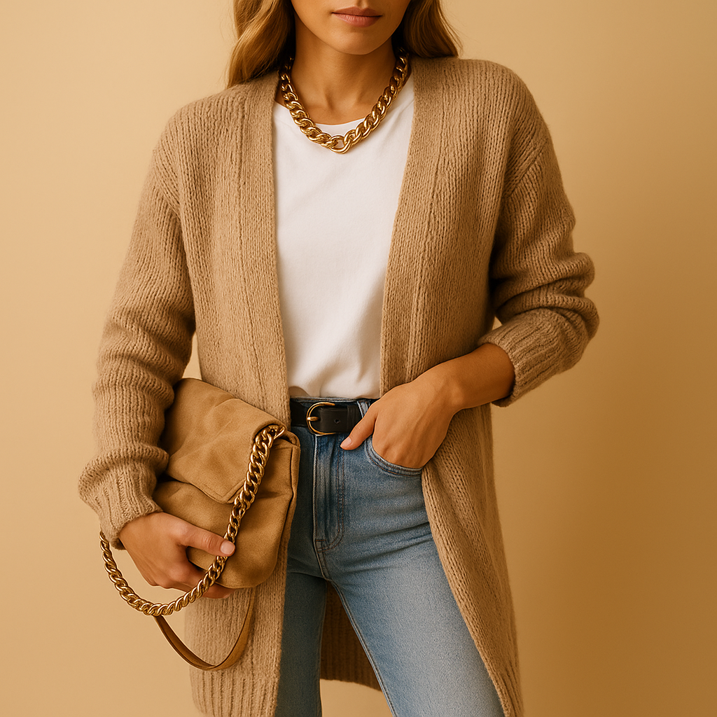 Classic knit cardigan for women with relaxed fit, open front, and soft breathable fabric. Perfect for layering in casual, office, or winter outfits.