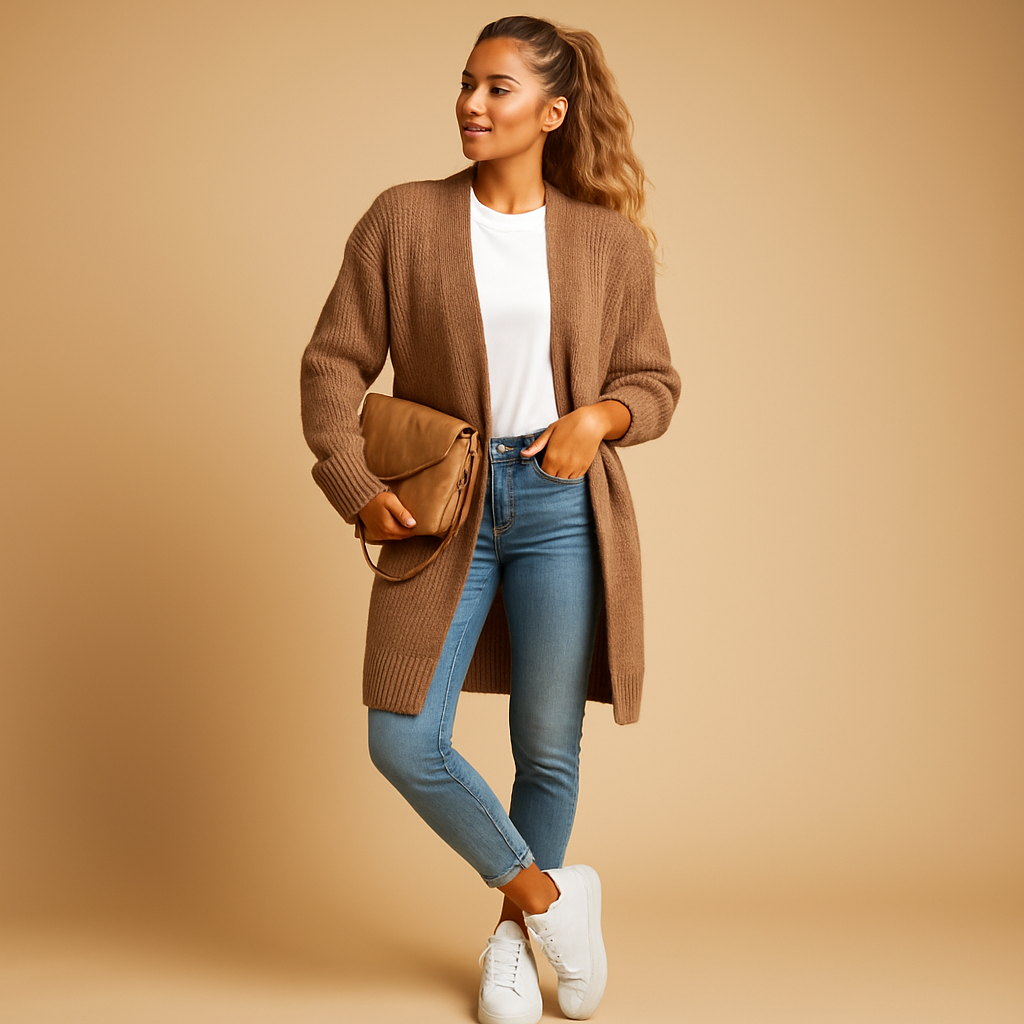 Classic knit cardigan for women with relaxed fit, open front, and soft breathable fabric. Perfect for layering in casual, office, or winter outfits.