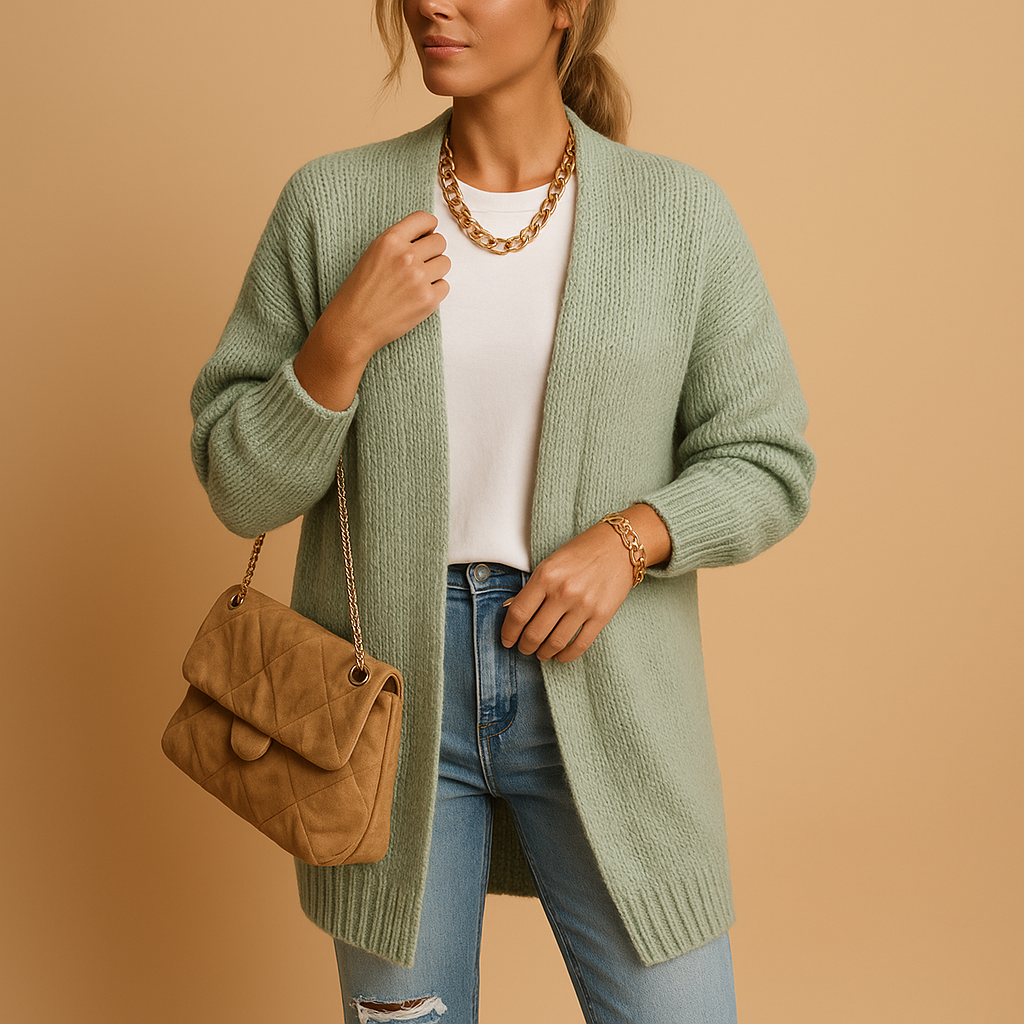 Classic knit cardigan for women with relaxed fit, open front, and soft breathable fabric. Perfect for layering in casual, office, or winter outfits.