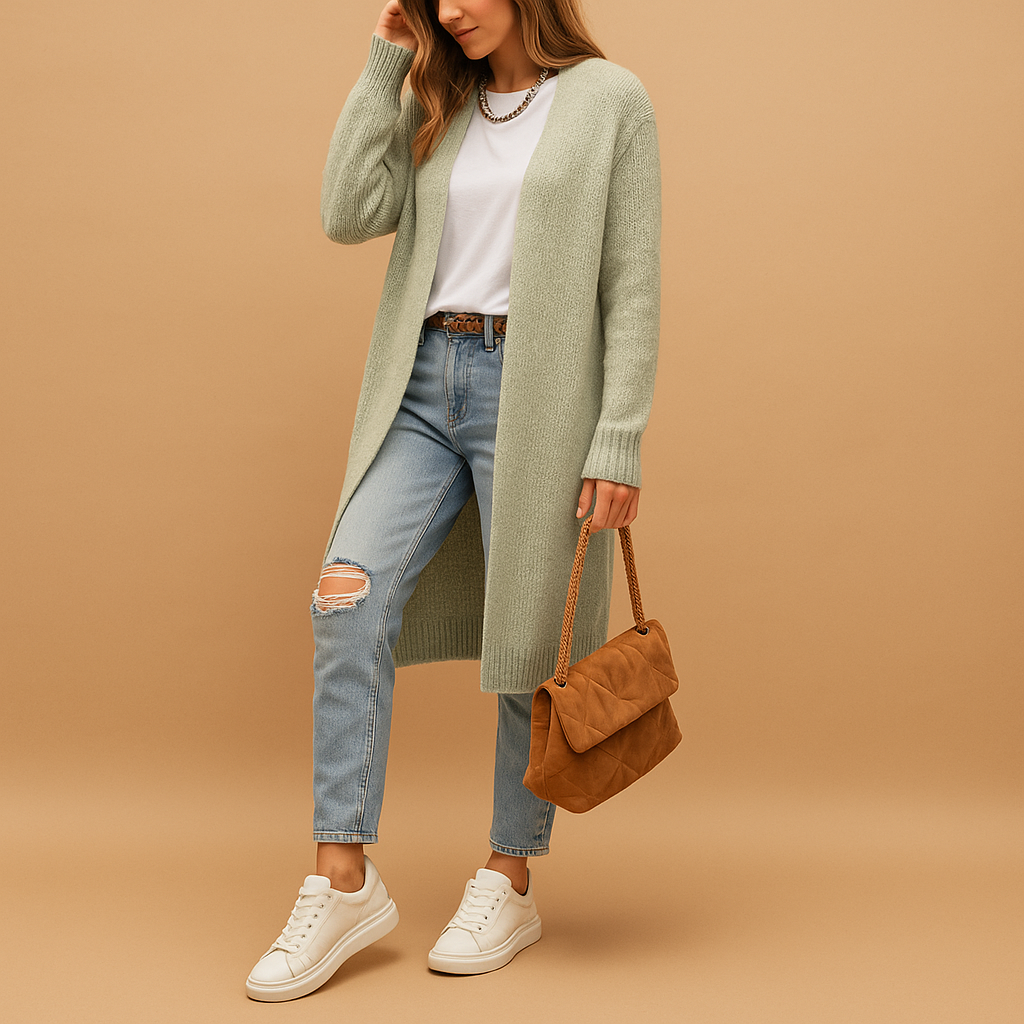 Classic knit cardigan for women with relaxed fit, open front, and soft breathable fabric. Perfect for layering in casual, office, or winter outfits.