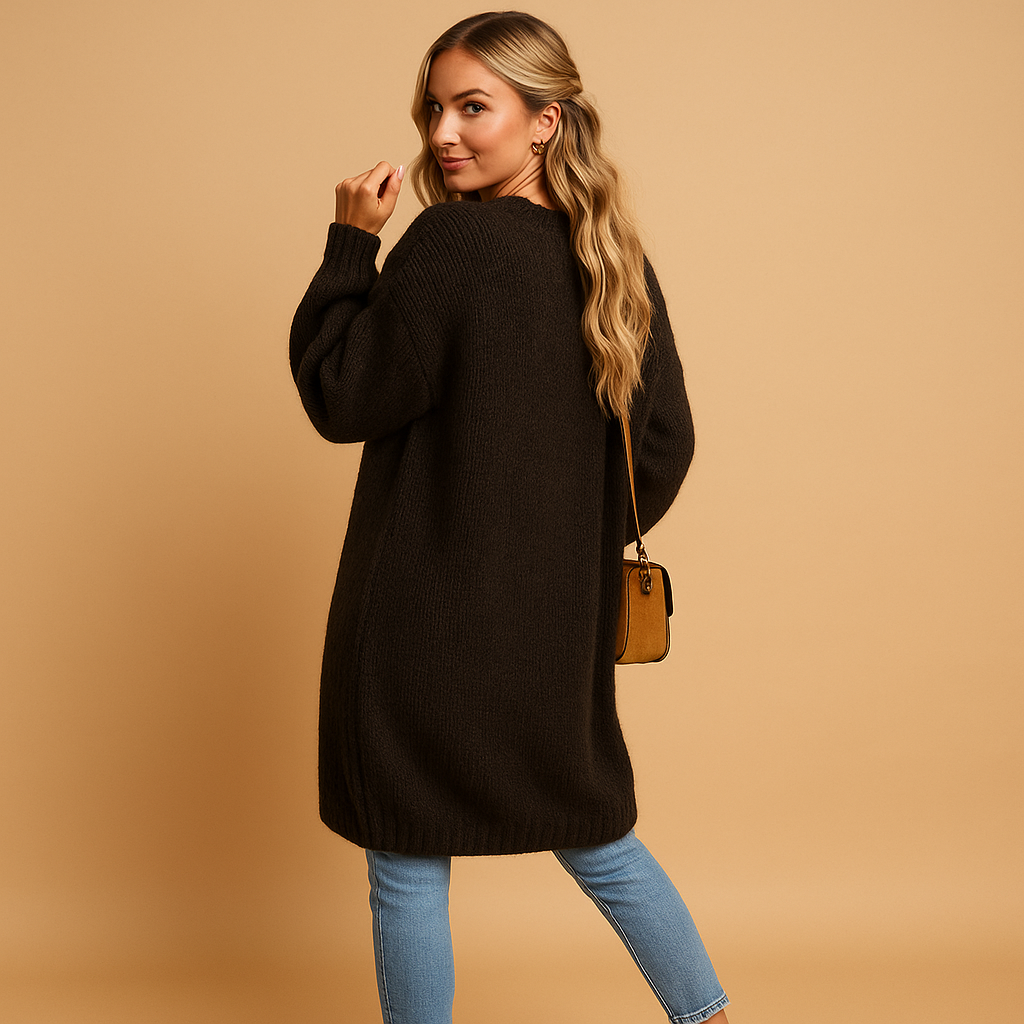 Classic knit cardigan for women with relaxed fit, open front, and soft breathable fabric. Perfect for layering in casual, office, or winter outfits.