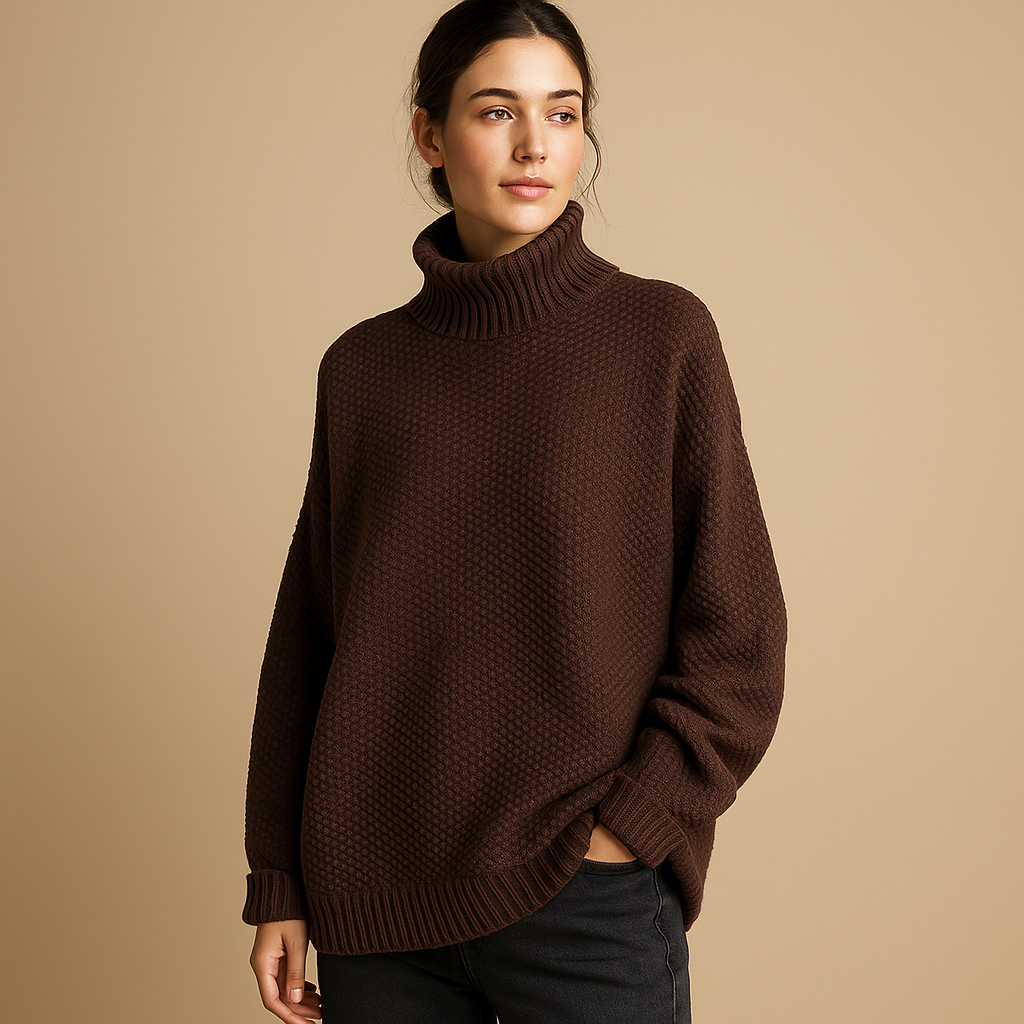 Women’s classic knitted turtleneck sweater in neutral seasonal tones, with soft collar and timeless fit, ideal for casual or formal looks.