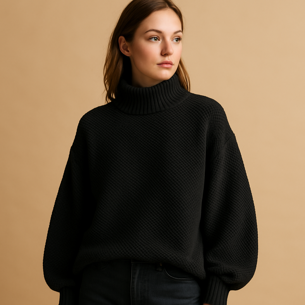 Women’s classic knitted turtleneck sweater in neutral seasonal tones, with soft collar and timeless fit, ideal for casual or formal looks.