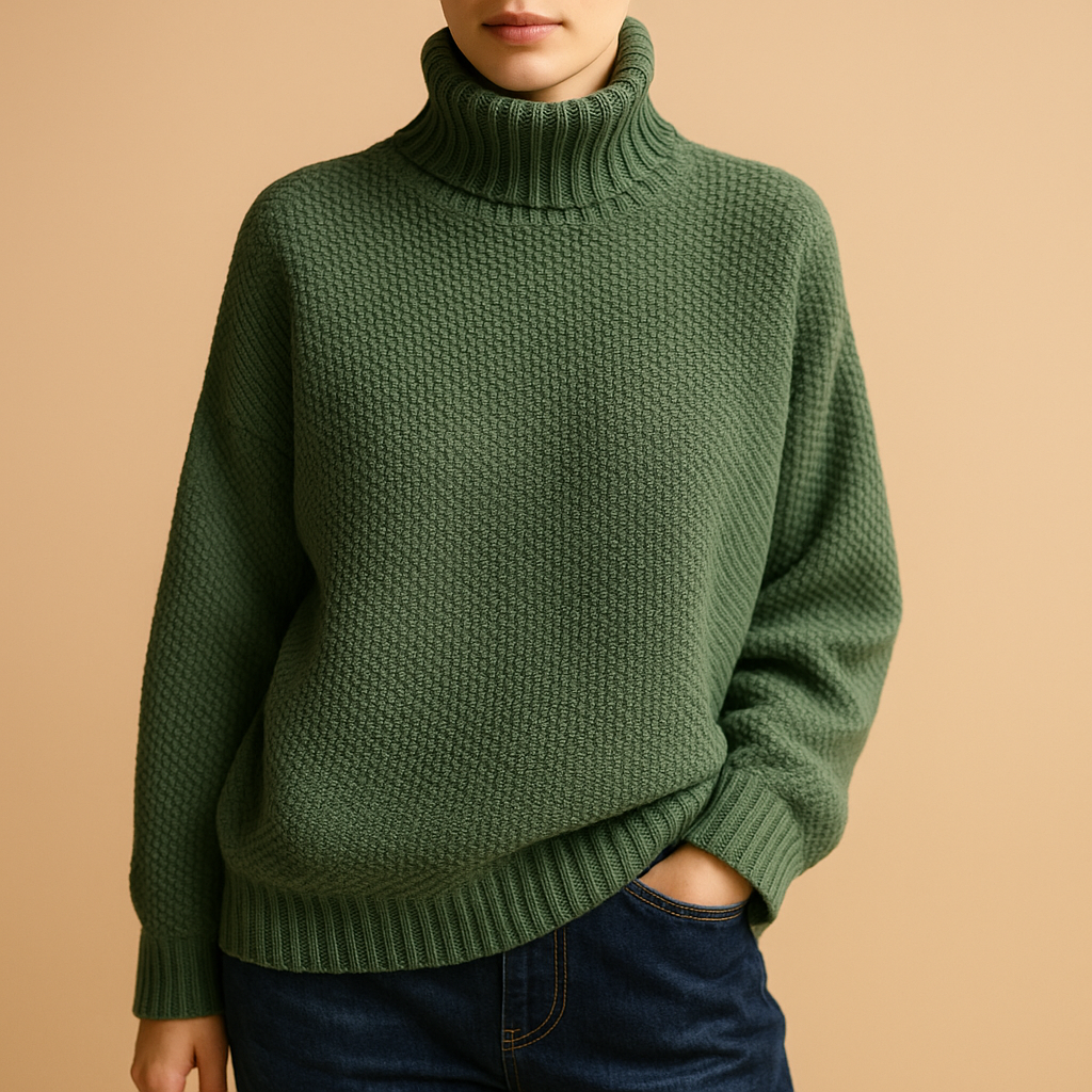 Women’s classic knitted turtleneck sweater in neutral seasonal tones, with soft collar and timeless fit, ideal for casual or formal looks.