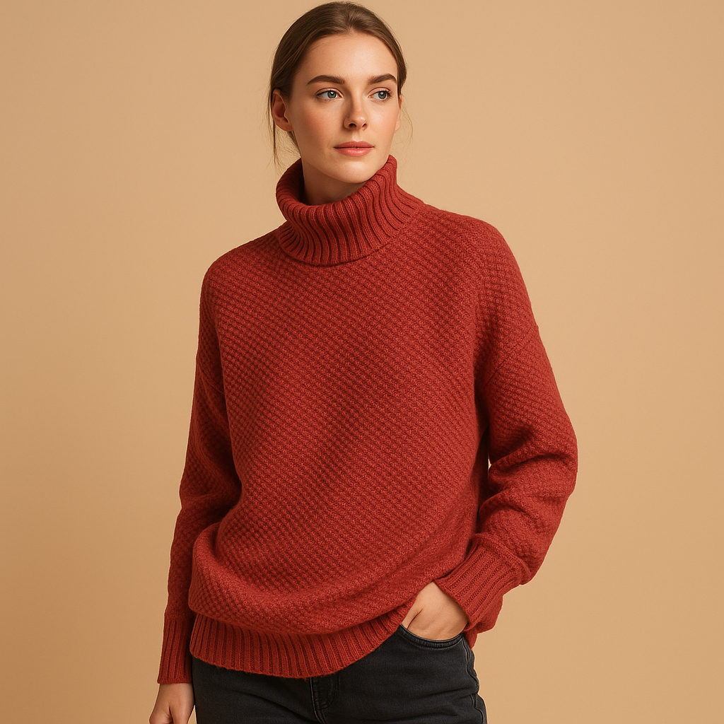 Women’s classic knitted turtleneck sweater in neutral seasonal tones, with soft collar and timeless fit, ideal for casual or formal looks.