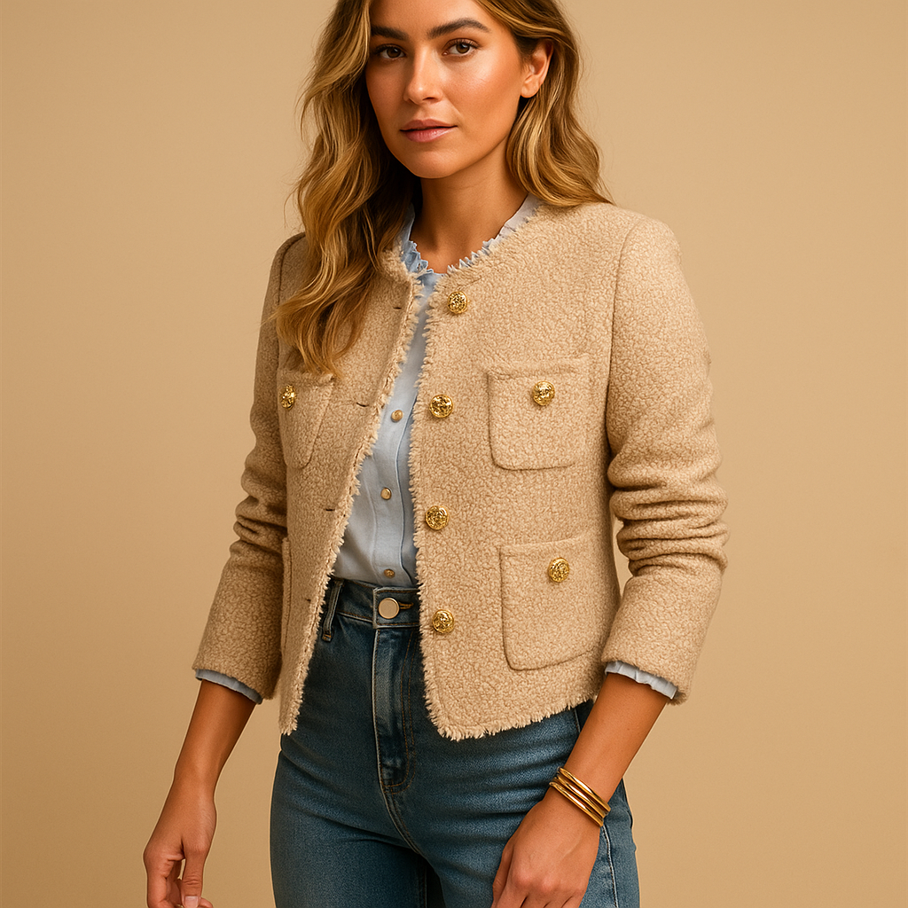 Classic tweed blazer jacket for women with structured fit, button closure, and collar, perfect for business, casual, and elegant layered looks.