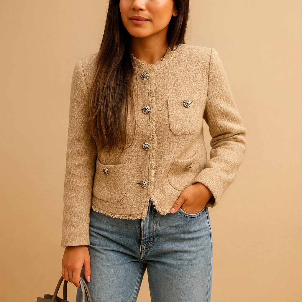 Classic tweed blazer jacket for women with structured fit, button closure, and collar, perfect for business, casual, and elegant layered looks.