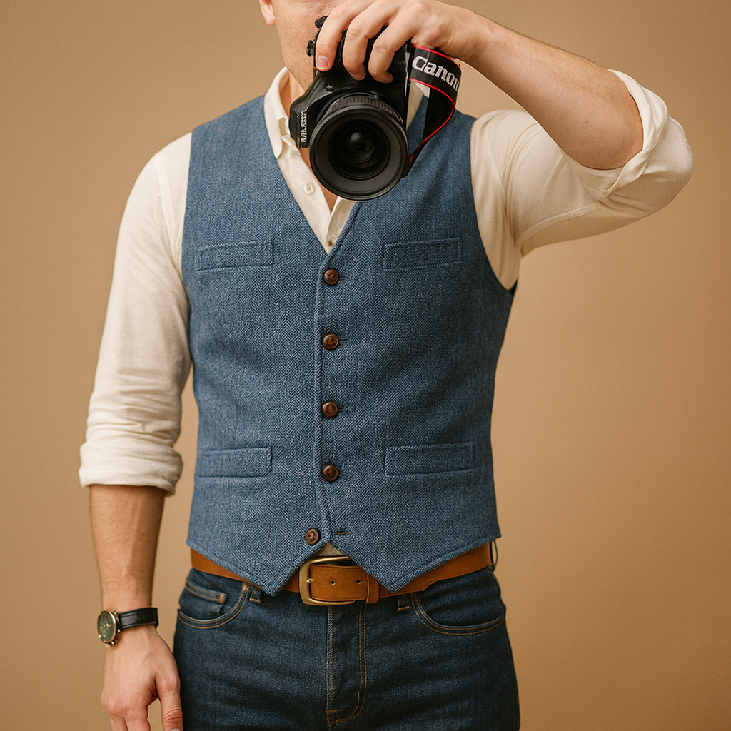Classic waistcoat for men with button closure and pockets, perfect for formal occasions or casual layered outfits in autumn and winter.
