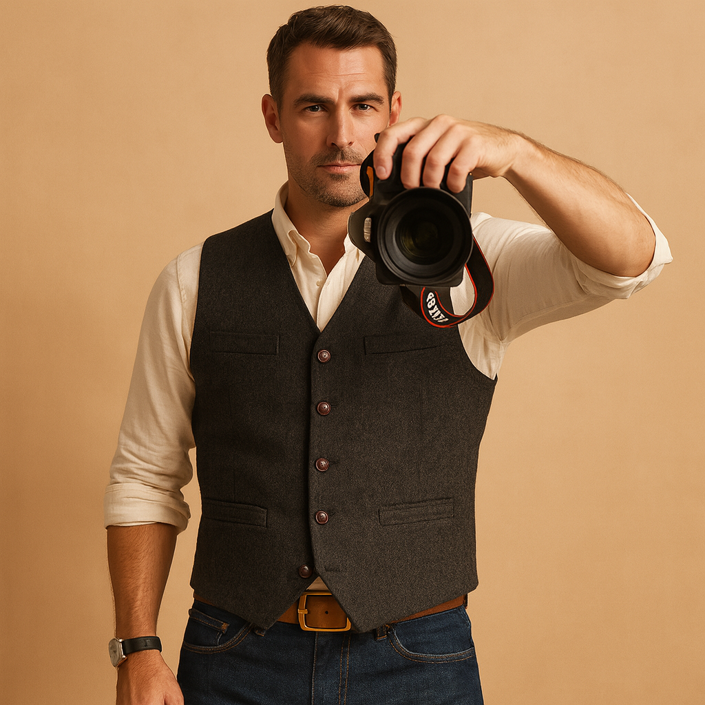 Classic waistcoat for men with button closure and pockets, perfect for formal occasions or casual layered outfits in autumn and winter.