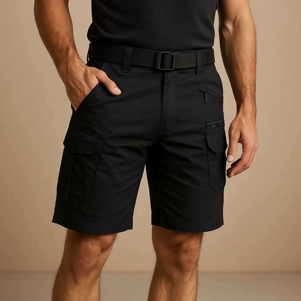 Men’s comfortable cargo shorts Ethan made from soft cotton blend with multiple pockets, available in black, grey, brown, light green, and khaki.