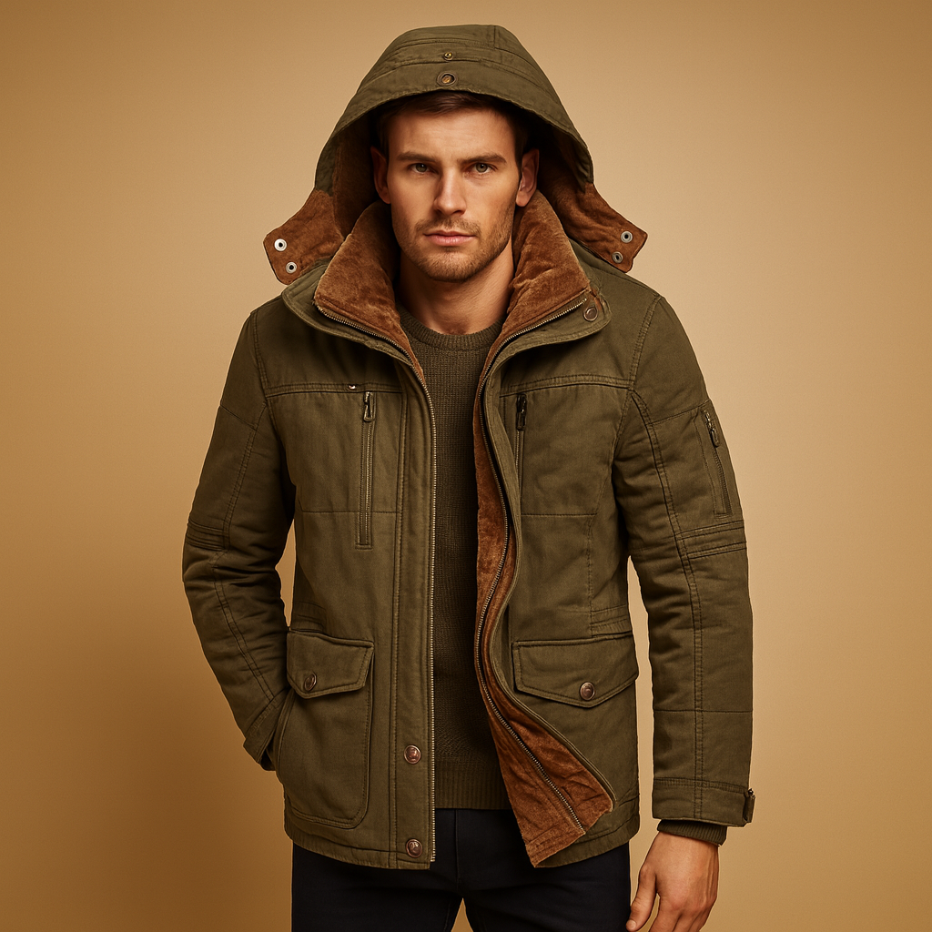 Men’s comfortable hooded winter jacket with thick lining and timeless design, perfect for cold weather and outdoor activities.